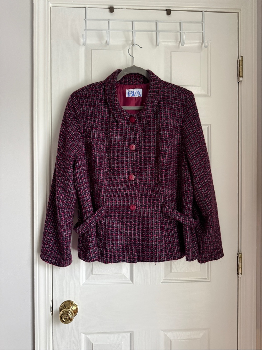 BFA Classic Blazer - tweed with mixed plums button front measurements below